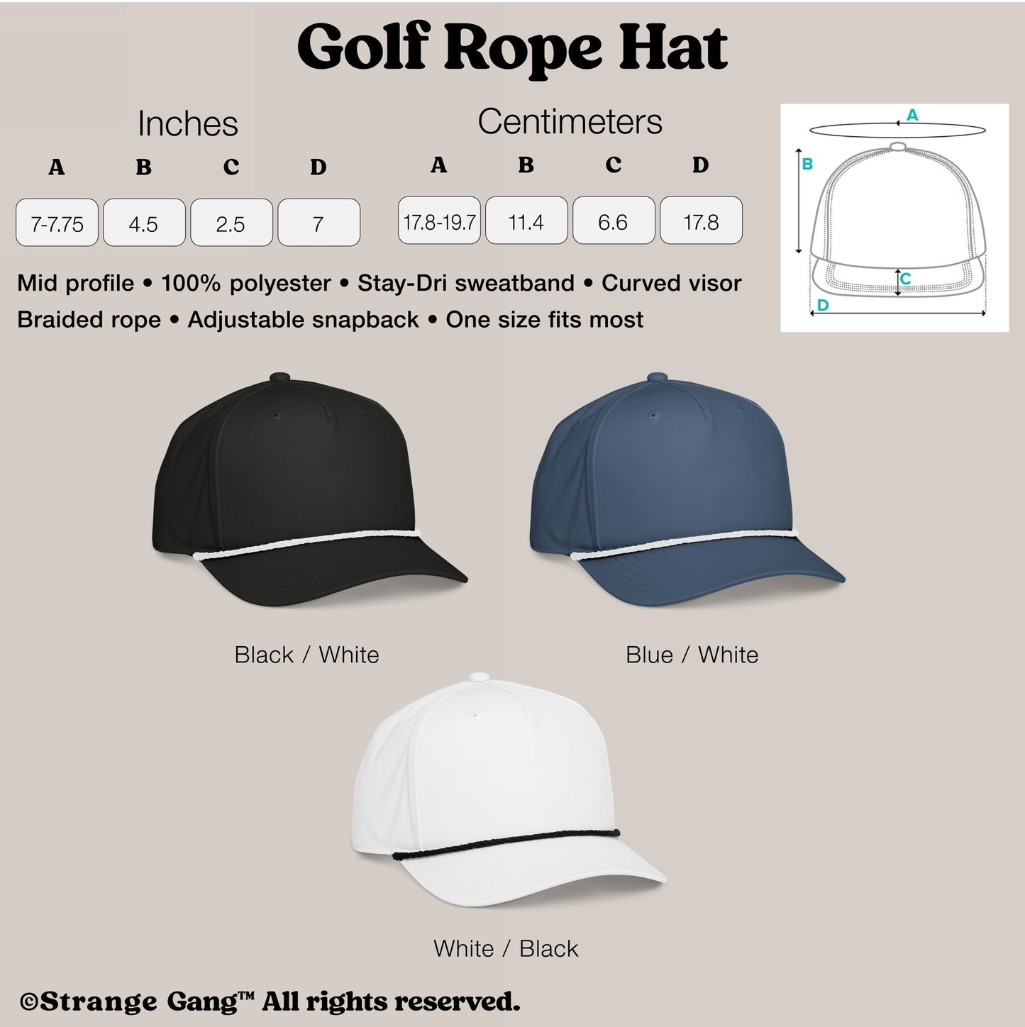 Golf Hat In Custom Colors: Mid-profile rope hat with adjustable snapback, Stay-Dri sweatband, curved visor, and braided rope detail. Available in black, blue, and white, ideal for making a bold statement.