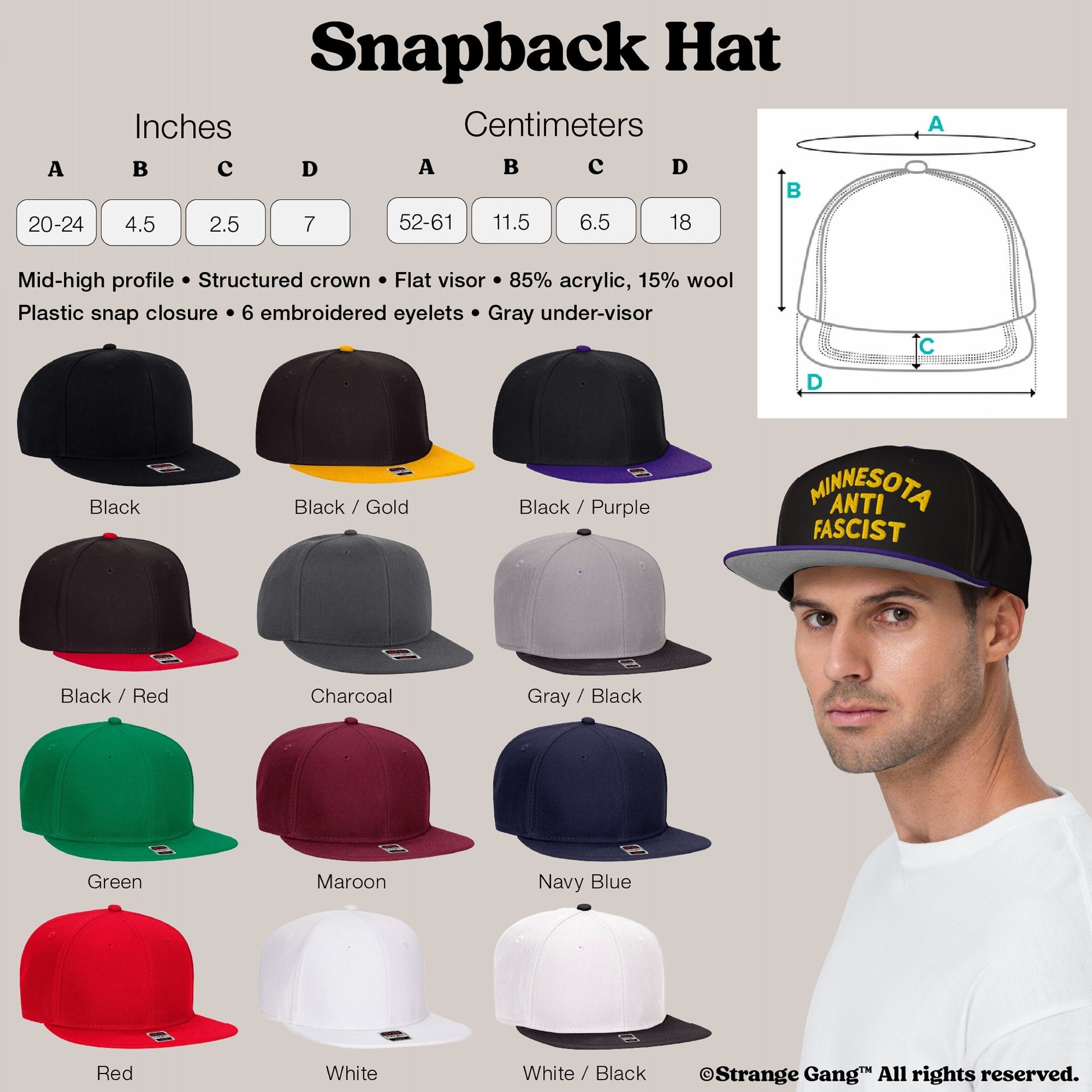 Snapback Hat in Custom Colors, featuring a structured crown, flat visor, and adjustable snap closure. Highlighted by a “MINNESOTA ANTI FASCIST” embroidery, this hat supports activism and bold statements.