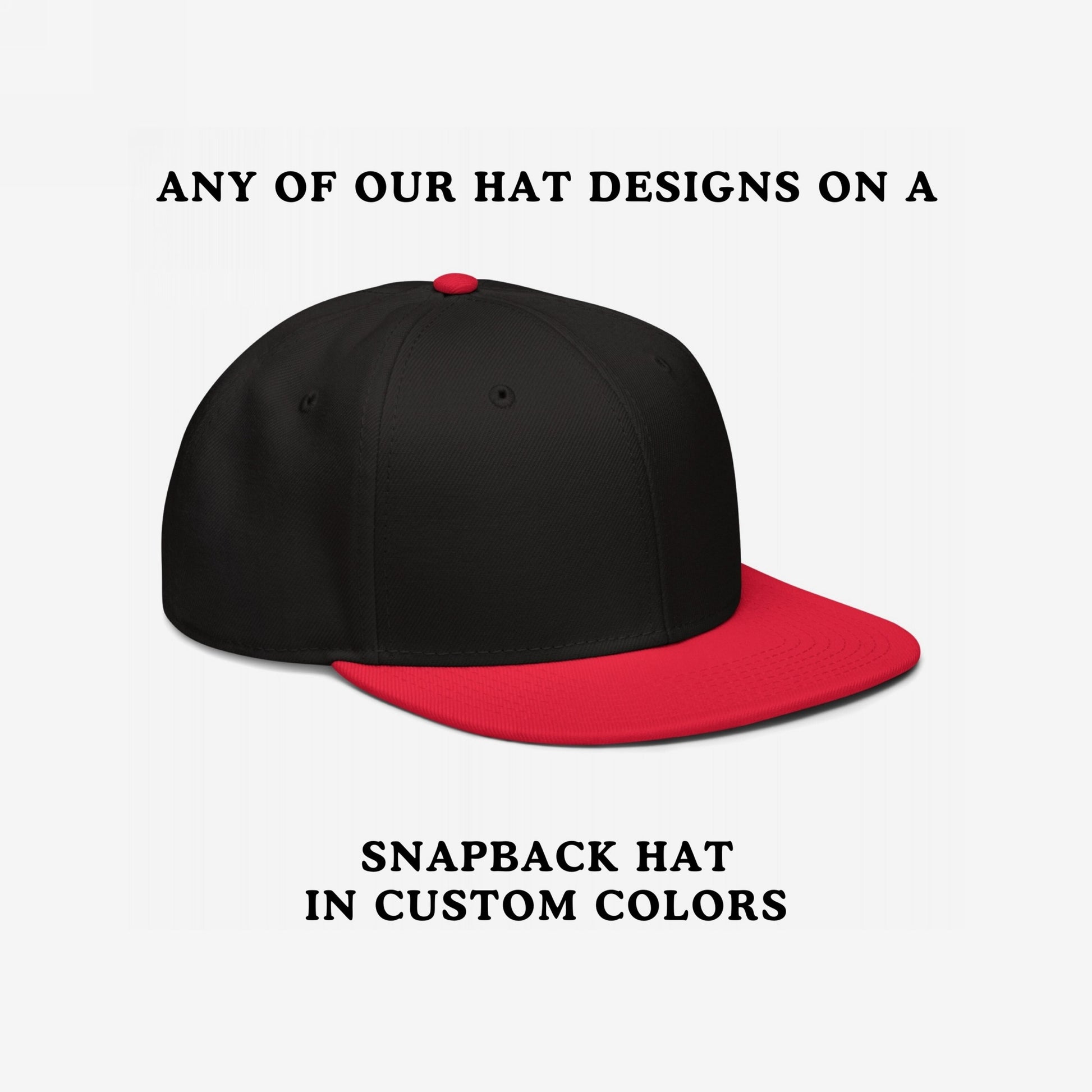 Snapback Hat In Custom Colors displayed in a mock-up with a black crown and red bill, highlighting its customizable nature for expressing anti-fascist and progressive designs through personal color choices.