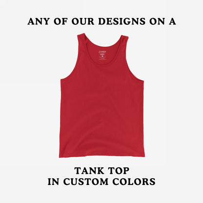 Bright red, sleeveless Tank Top In Custom Colors laid flat with promotional text highlighting customization options, perfect for showcasing activist designs. Small label visible in neckline, soft cotton fabric.
