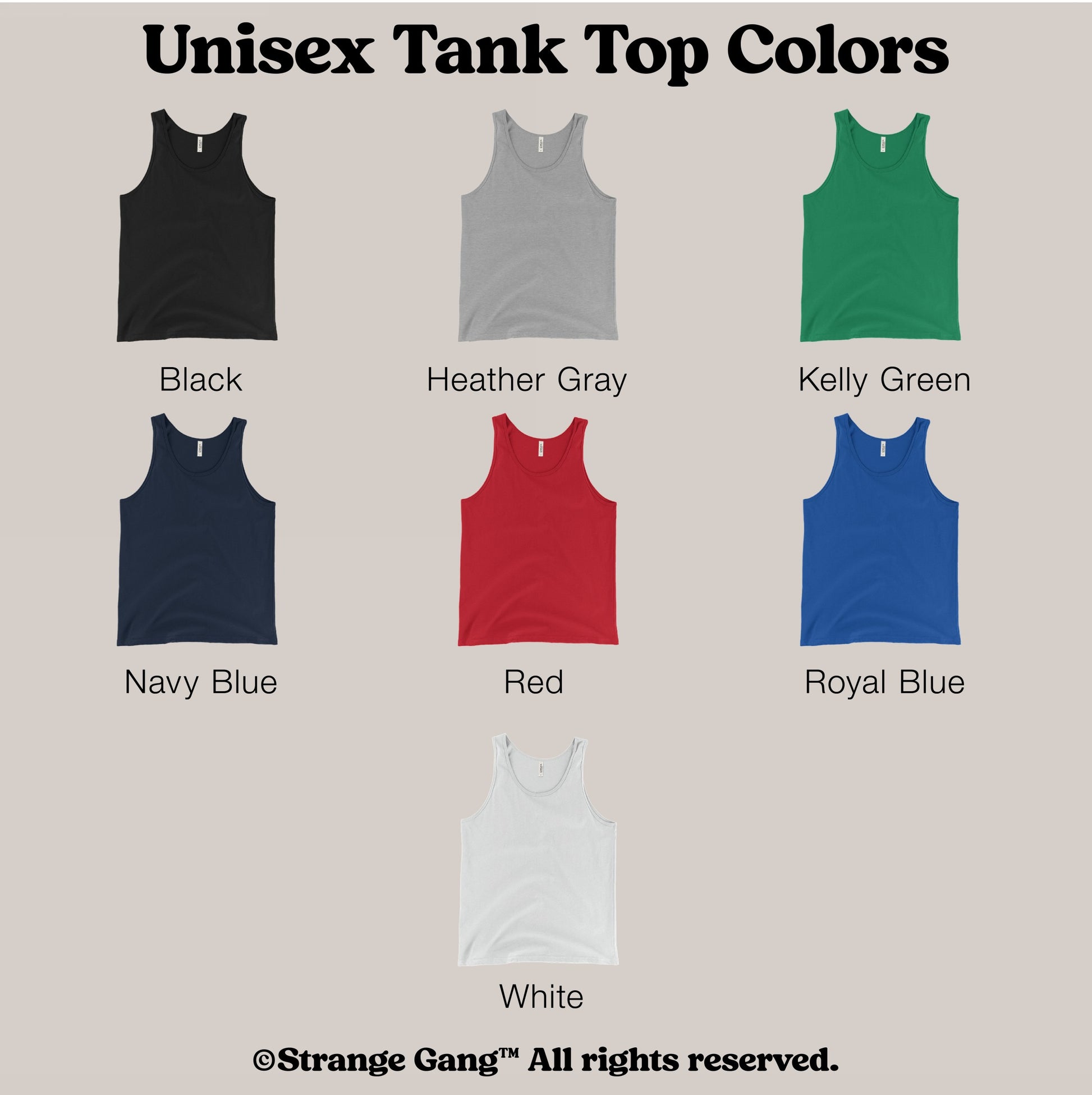 Unisex Tank Top In Custom Colors, showcasing seven tanks with available color options. Crafted for activism and self-expression, these breathable cotton tops offer comfort and flexibility to display your message proudly.