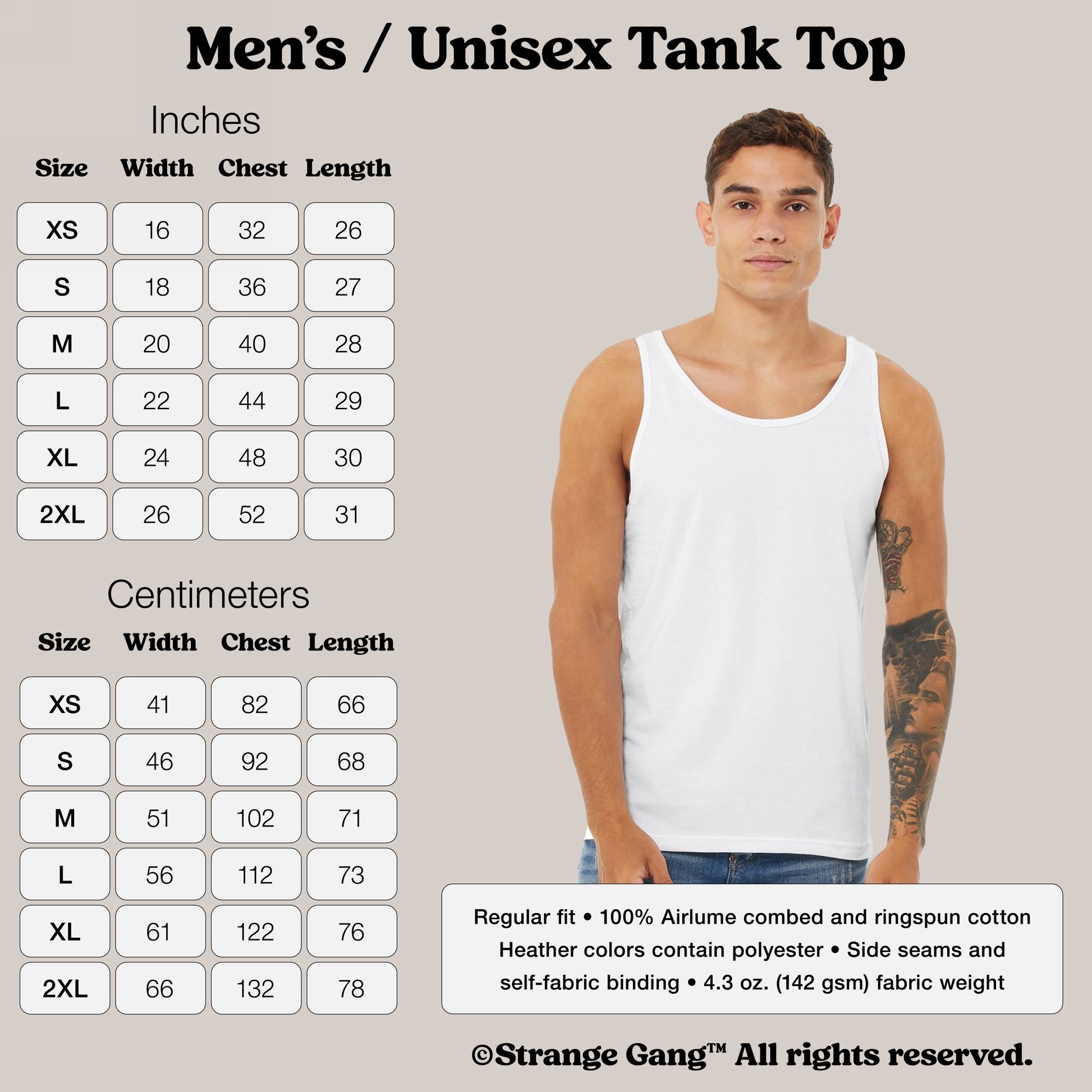 Tank Top In Custom Colors sizing chart with measurements in inches and centimeters. Male model wears a plain white tank top, highlighting its regular fit, cotton fabric, and activist-themed design options.