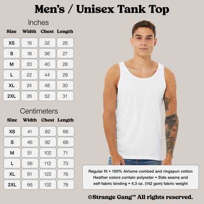 Tank Top In Custom Colors sizing chart with measurements in inches and centimeters. Male model wears a plain white tank top, highlighting its regular fit, cotton fabric, and activist-themed design options.