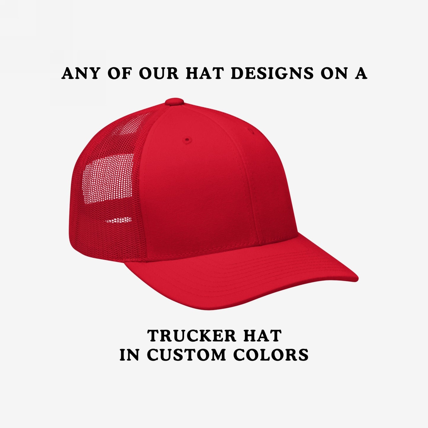 Trucker Hat In Custom Colors featuring a bright red trucker-style baseball cap with a foam front, mesh back, and curved brim. Customizable with protest or anti-fascist designs to express your values.