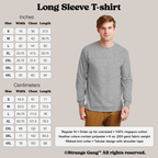 Male model wearing Long Sleeve T-shirt In Custom Colors; grey crew neck, brown pants. Features regular fit, 100% ringspun cotton, ribbed collar, tubular design, sizing charts in inches and centimeters provided.
