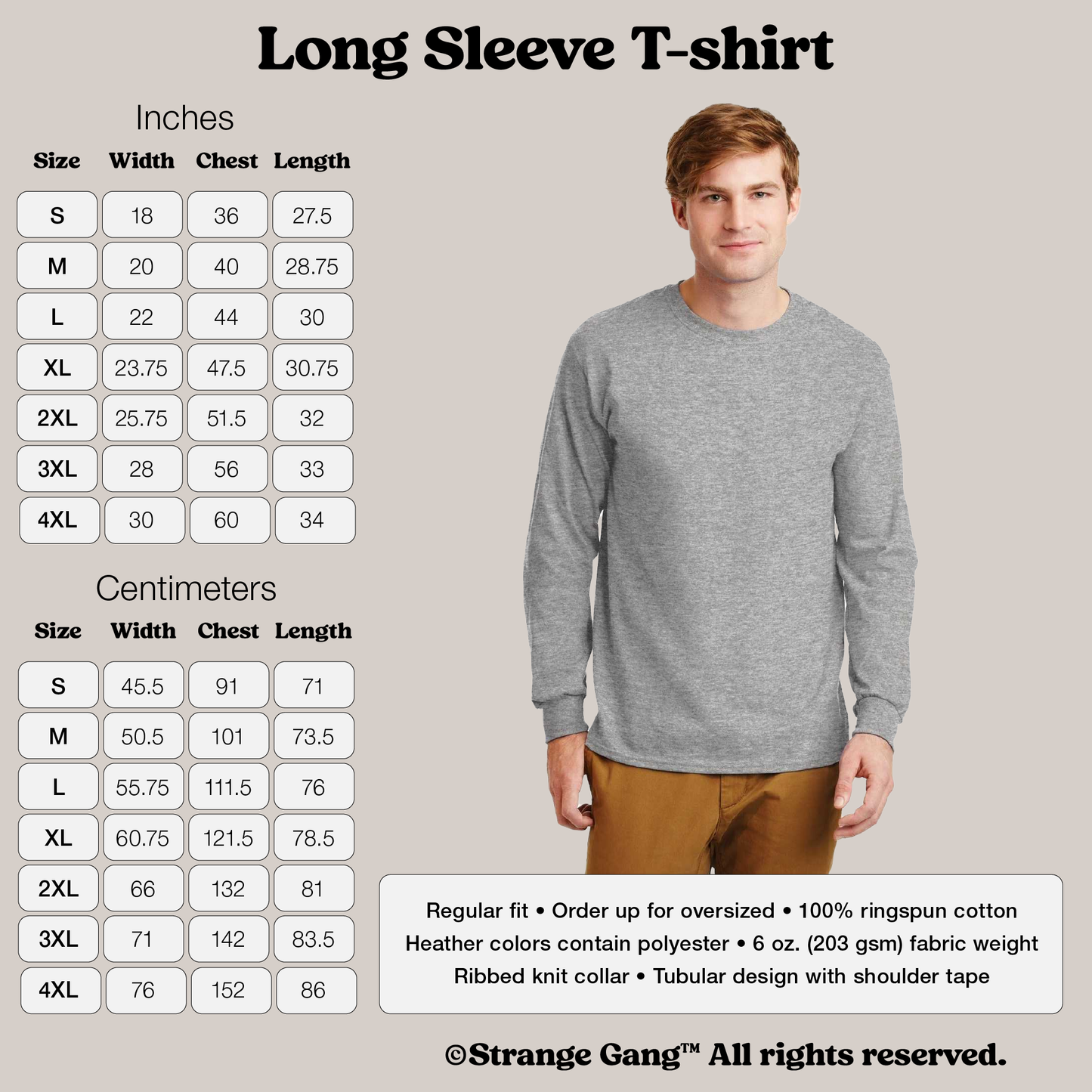 Male model wearing Long Sleeve T-shirt In Custom Colors; grey crew neck, brown pants. Features regular fit, 100% ringspun cotton, ribbed collar, tubular design, sizing charts in inches and centimeters provided.