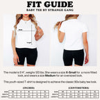 Front-and-back views of model in Ausländer Women's Baby Tee, showcasing a '90s baby-tee silhouette. Includes fit guide with size XS to XL, emphasizing width and length measurements.
