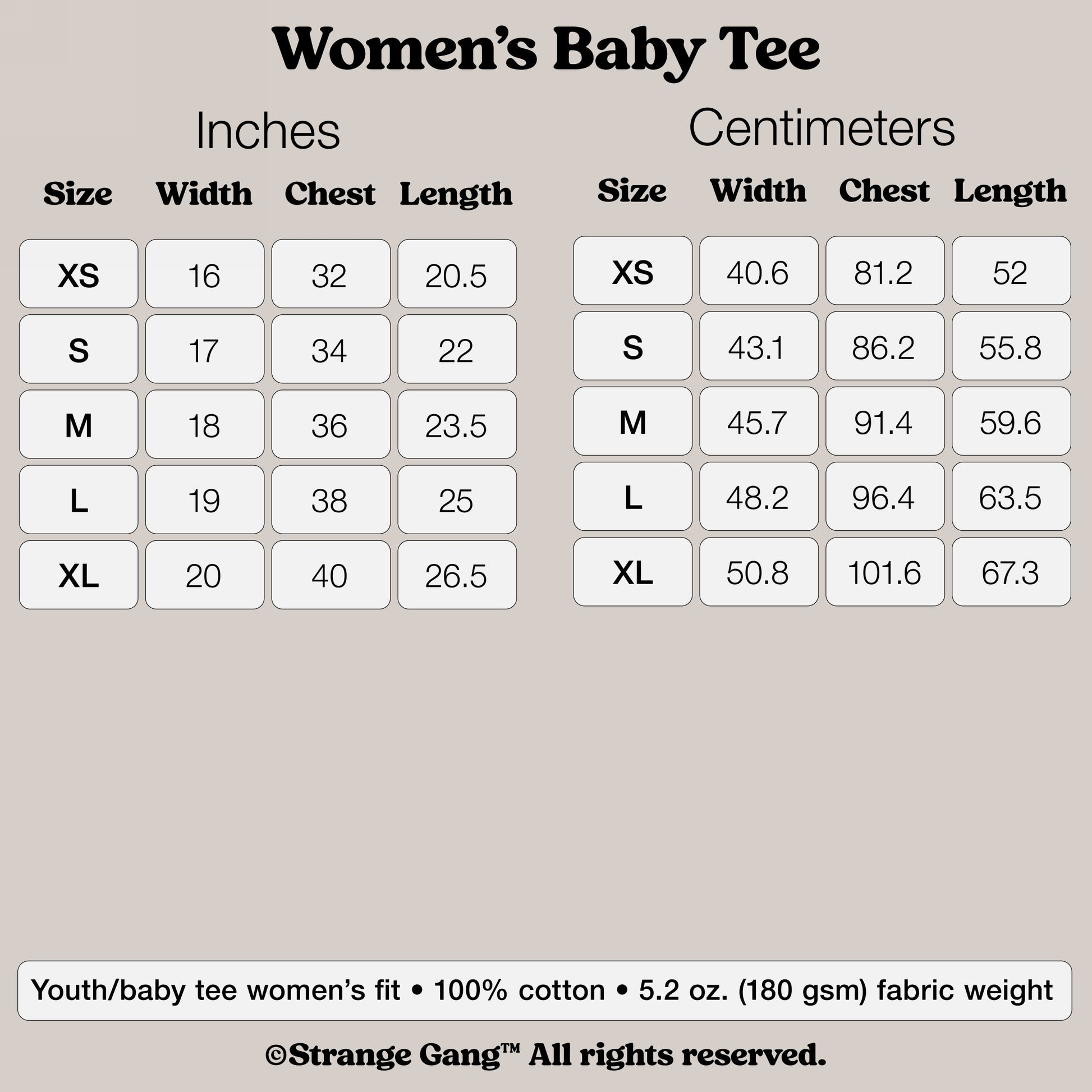 Sizing chart for Women's Baby Tee In Custom Colors, showing XS to XL dimensions in inches and centimeters. Made of 100% cotton, featuring designs from the anti-fascist and protest collection.