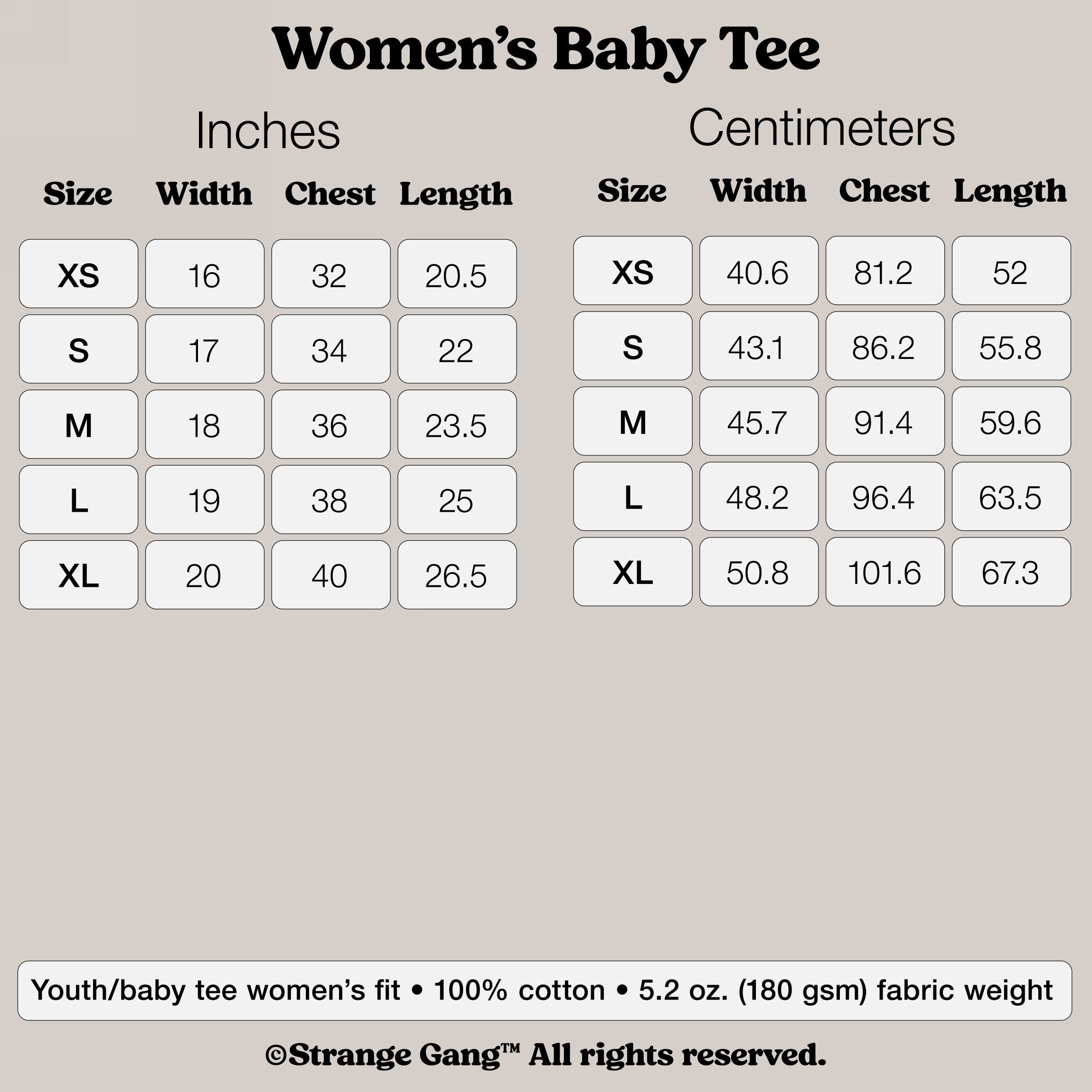 Sizing chart for Women's Baby Tee In Custom Colors, showing XS to XL dimensions in inches and centimeters. Made of 100% cotton, featuring designs from the anti-fascist and protest collection.