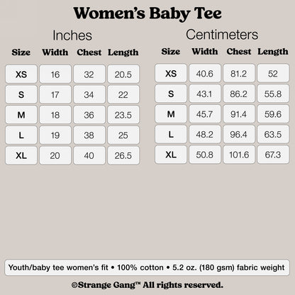 Sizing chart for Women's Baby Tee In Custom Colors, showing XS to XL dimensions in inches and centimeters. Made of 100% cotton, featuring designs from the anti-fascist and protest collection.