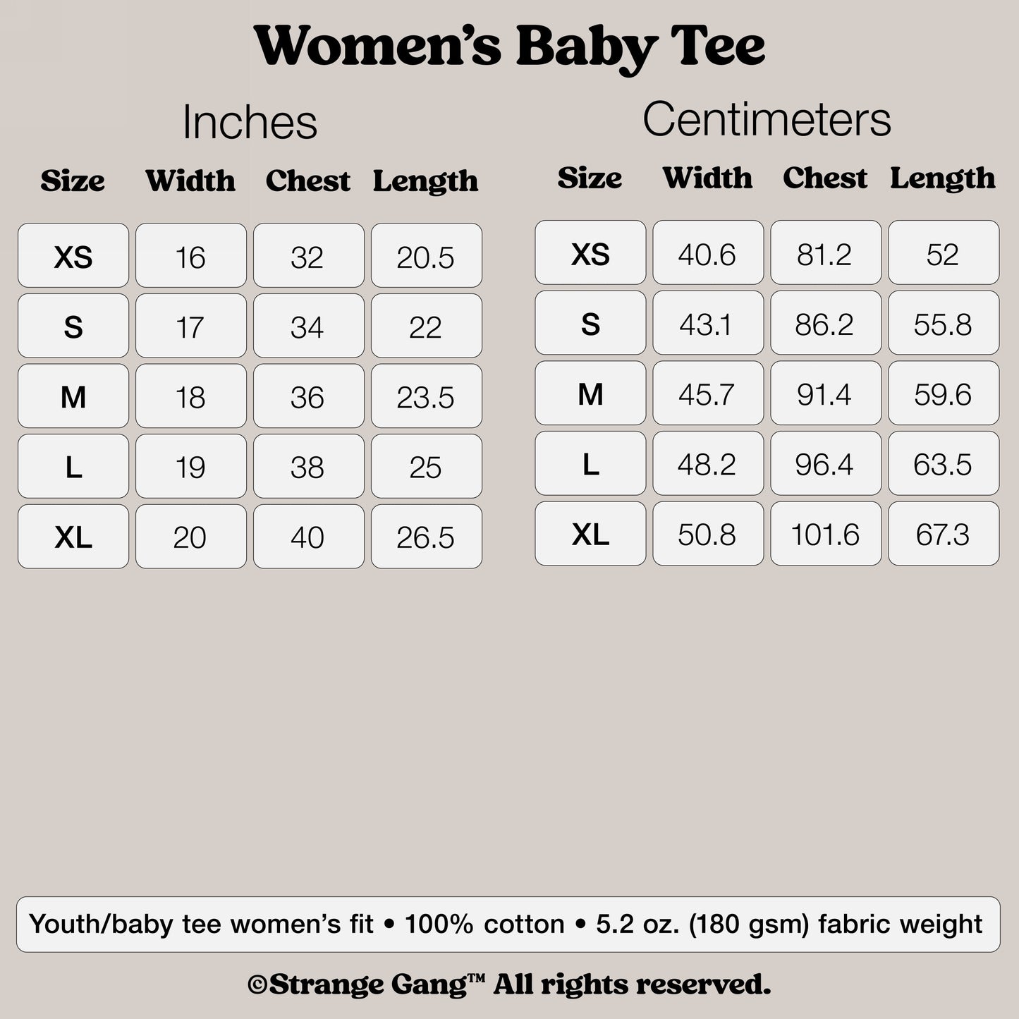 Sizing chart for Women's Baby Tee In Custom Colors, detailing XS to XL garment measurements in inches and centimeters, emphasizing a snug fit and protest designs on 100% cotton fabric.