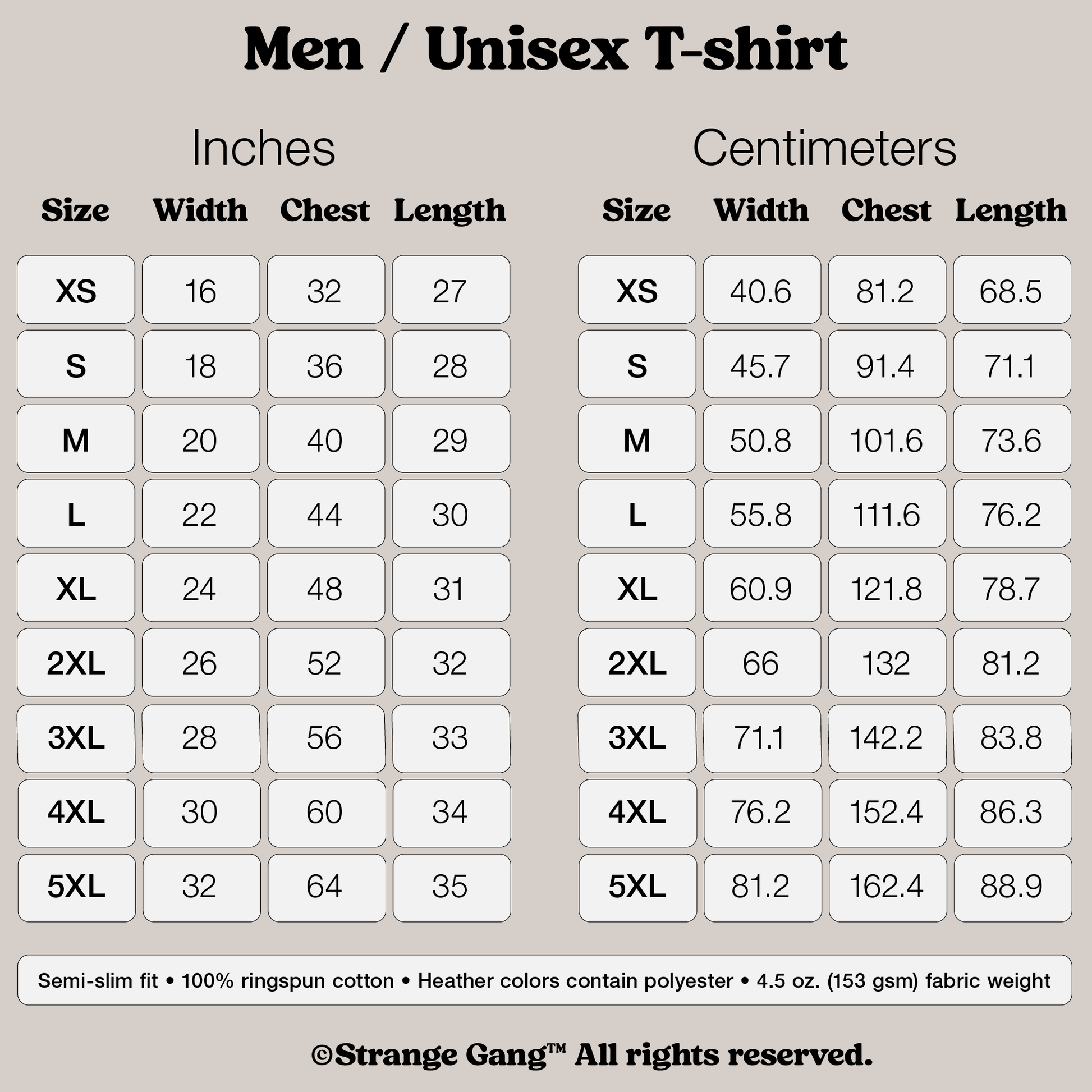 Size chart for the T-shirt In Custom Colors, detailing measurements from XS to 5XL in inches and centimeters. Highlights semi-slim fit, 100% ringspun cotton, and protest design availability.