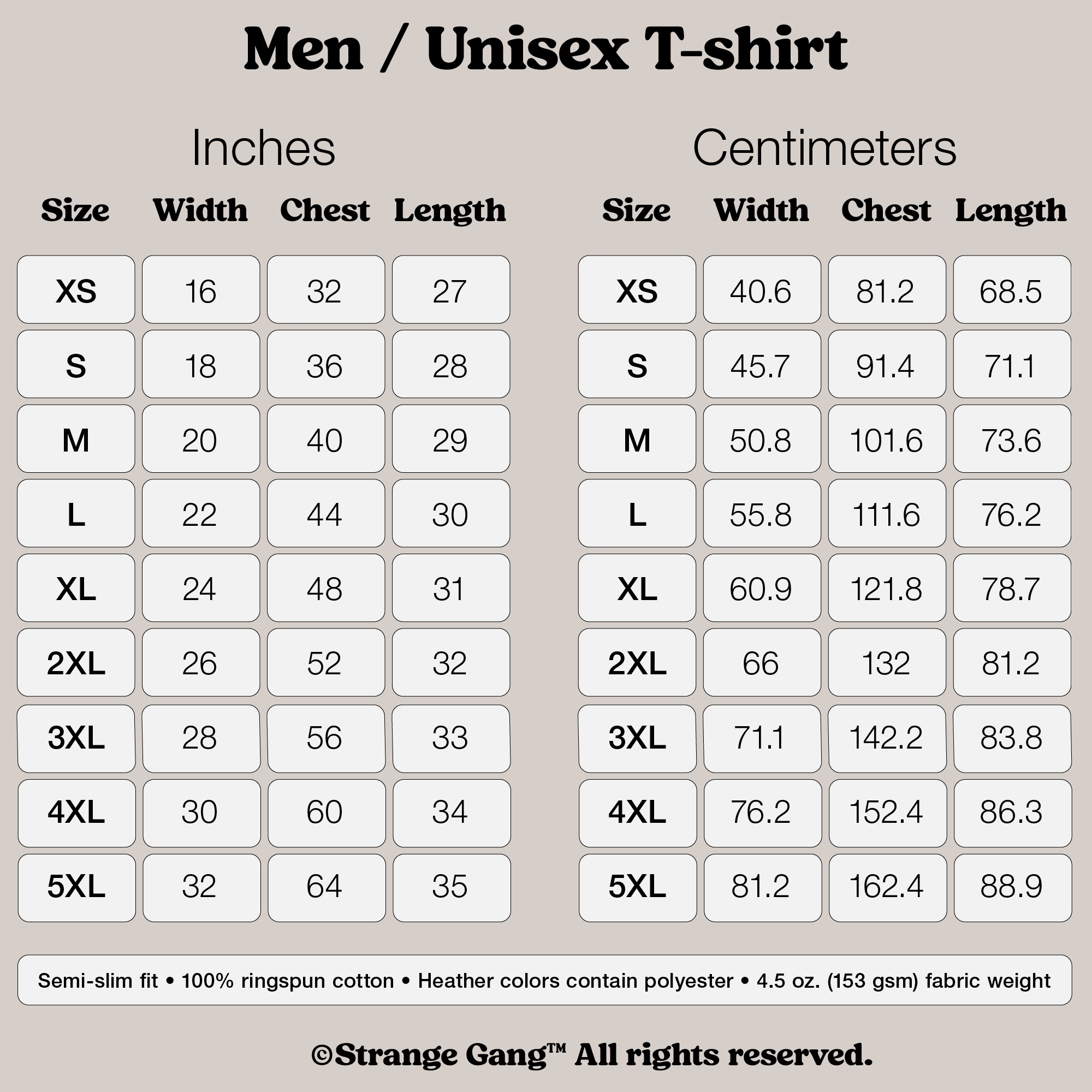 Size chart for the T-shirt In Custom Colors, detailing measurements from XS to 5XL in inches and centimeters. Highlights semi-slim fit, 100% ringspun cotton, and protest design availability.
