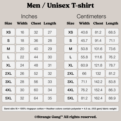 Size chart for the T-shirt In Custom Colors, detailing measurements from XS to 5XL in inches and centimeters. Highlights semi-slim fit, 100% ringspun cotton, and protest design availability.