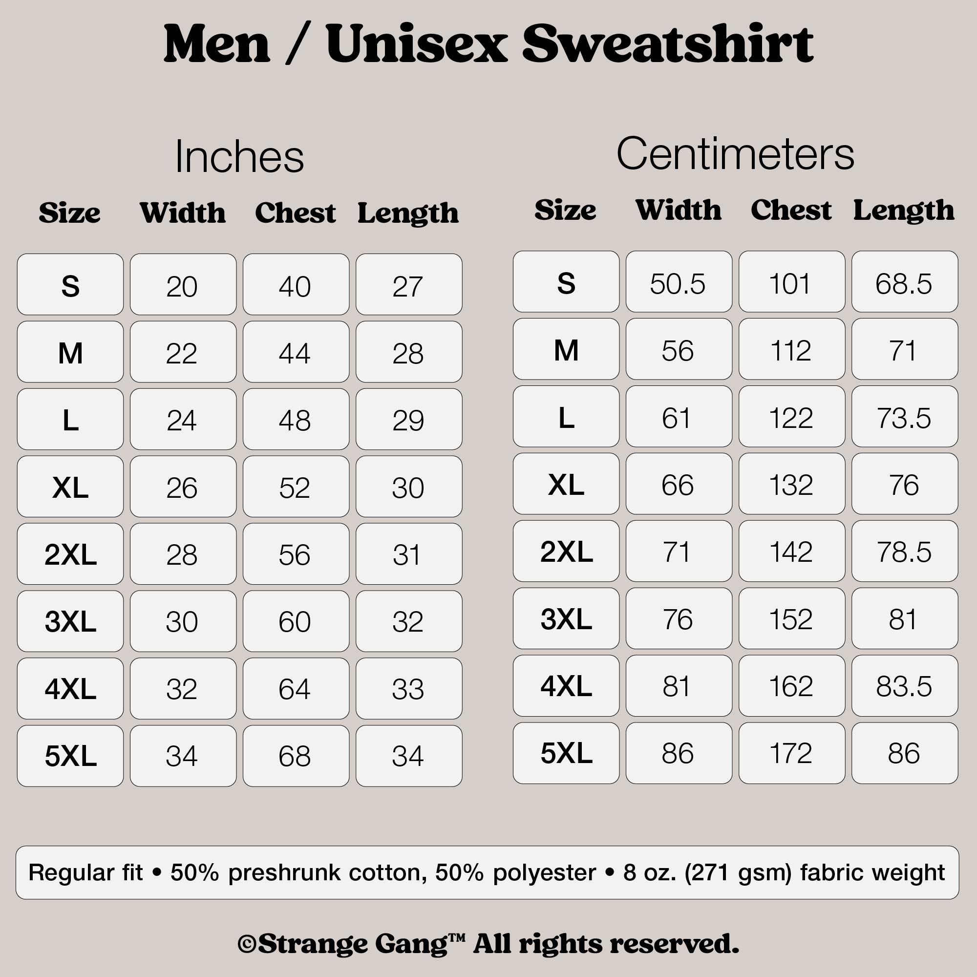 Size chart for Sweatshirt In Custom Colors, displaying unisex measurements from S to 5XL in inches and centimeters, with notes on fabric composition and fit, highlighting its political statement and customization options.
