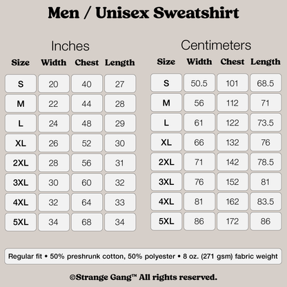 Size chart for Sweatshirt In Custom Colors, displaying unisex measurements from S to 5XL in inches and centimeters, with notes on fabric composition and fit, highlighting its political statement and customization options.
