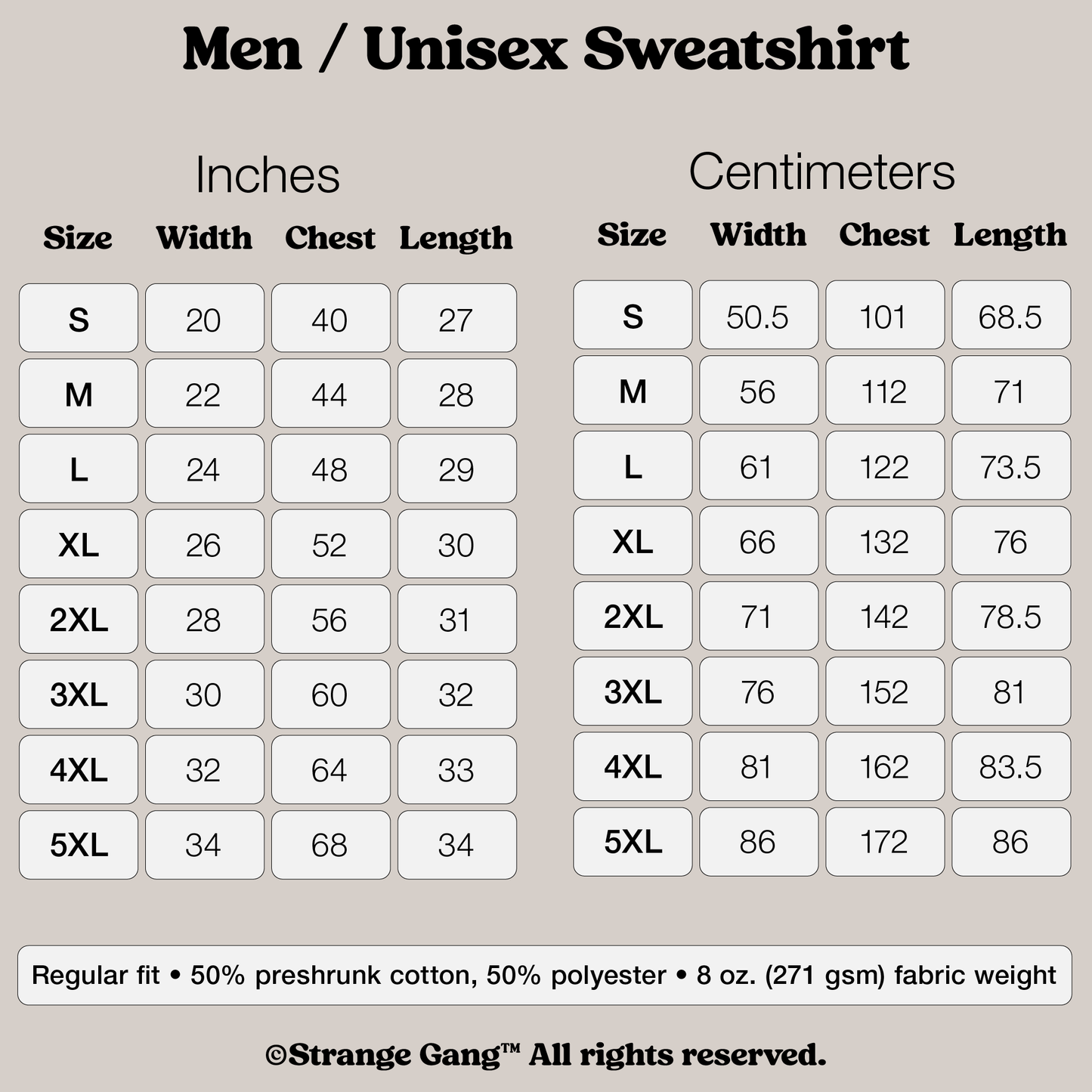 Sizing chart for Sweatshirt In Custom Colors, displaying measurements from S to 5XL in inches and centimeters. Regular fit, 50% cotton, 50% polyester, midweight fabric, with durable stitching for protest designs.
