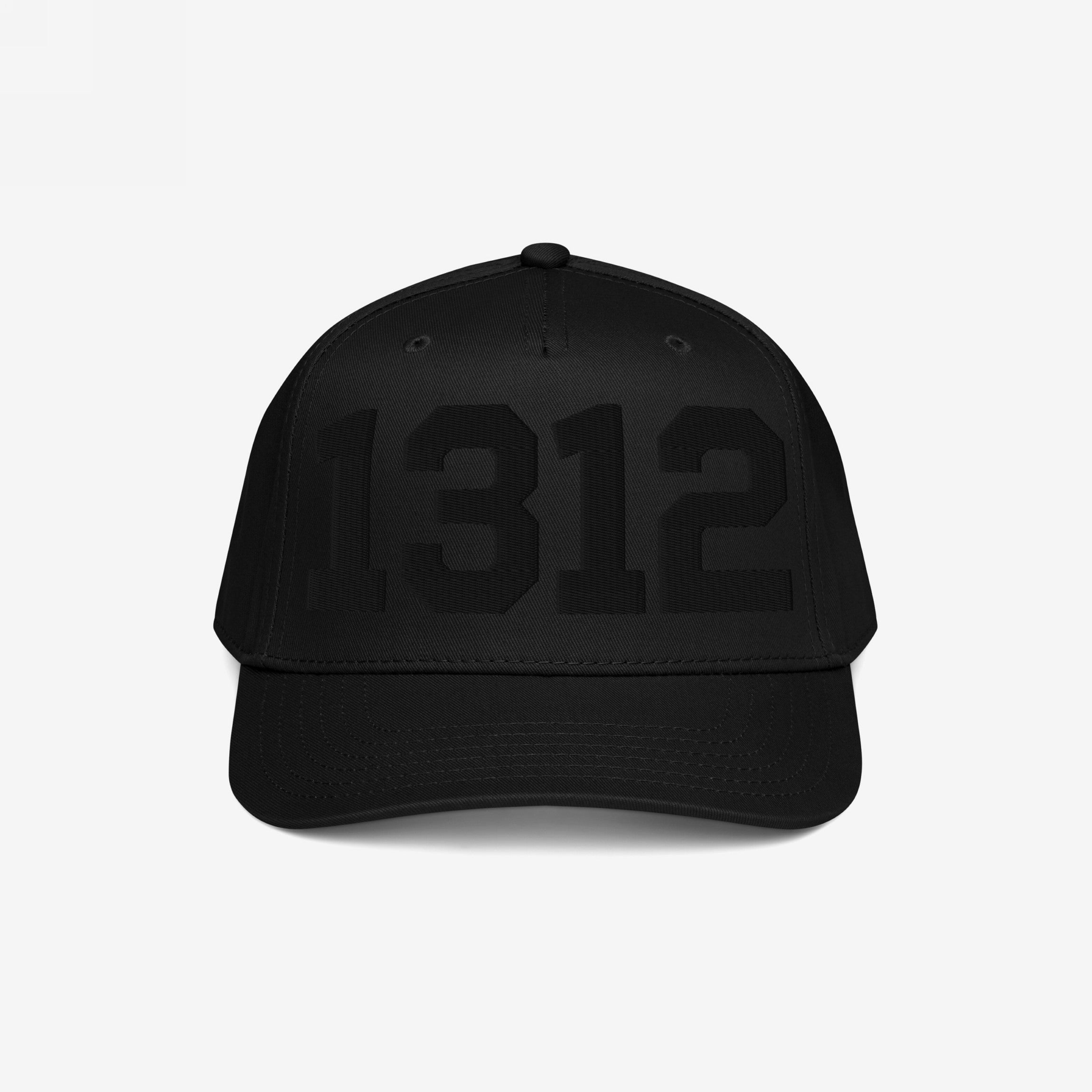 Black 1312 ACAB Hat featuring tonal block numerals 1312 on the front. This baseball-style cap, with a curved brim and stitched eyelets, symbolizes protest and police accountability.