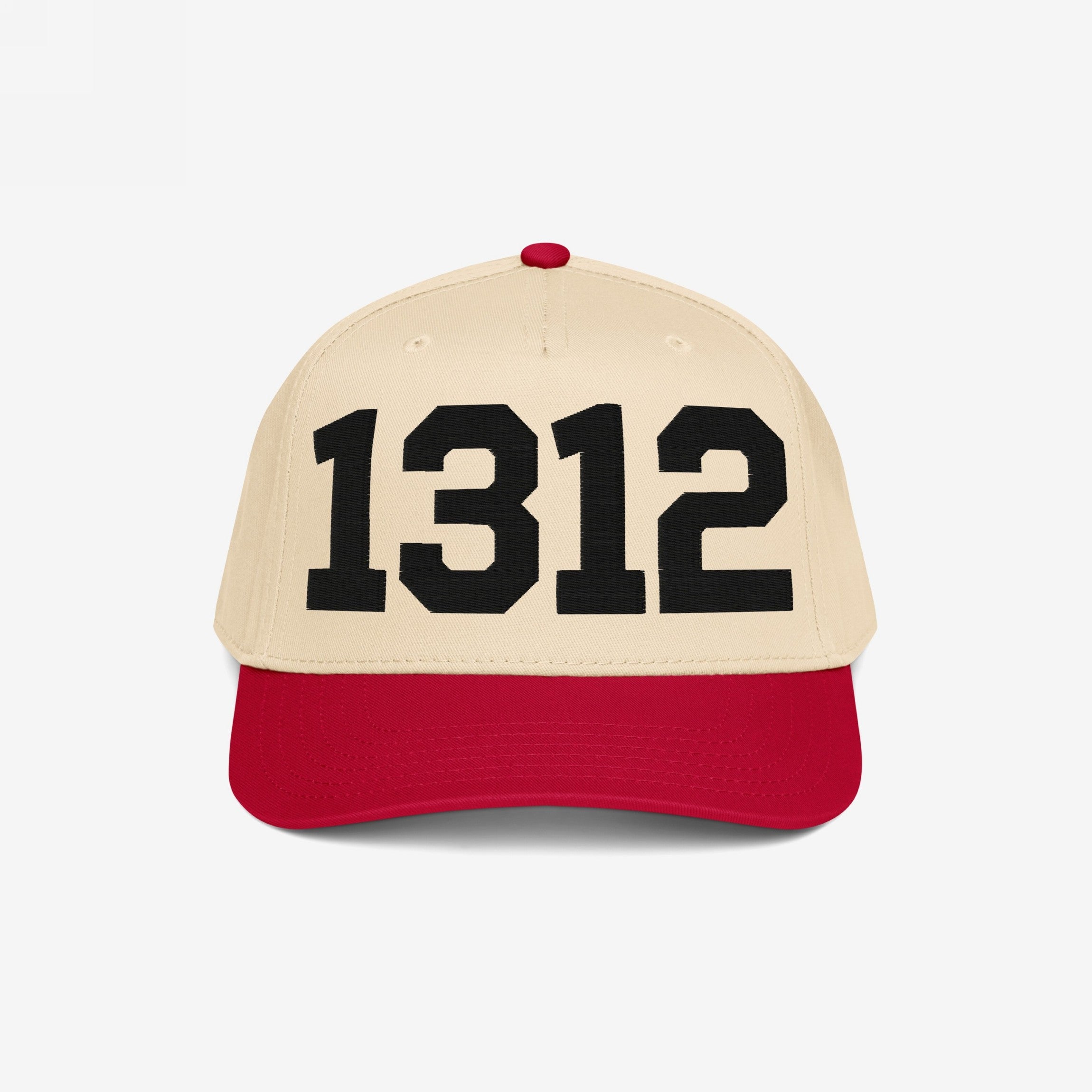 Two-tone 1312 ACAB Hat featuring a light beige front with bold black 1312 numerals, red bill, and top button. Designed for those advocating police accountability and resisting injustice.