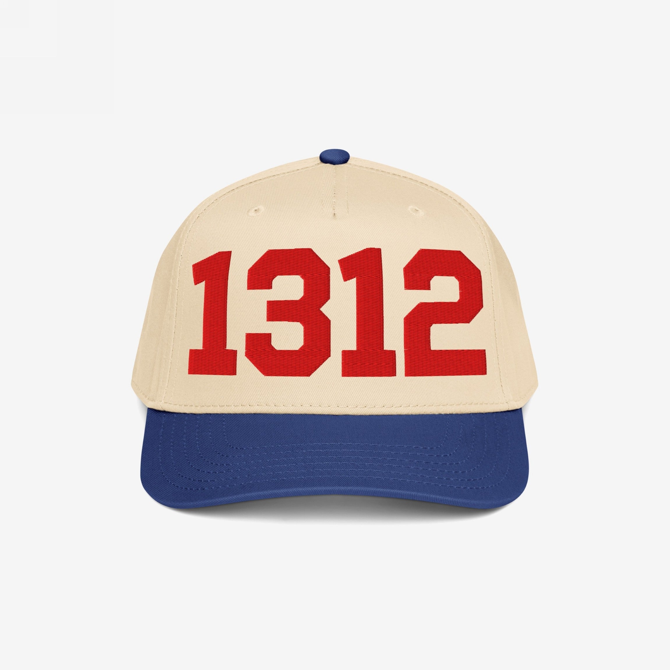 Two-tone 1312 ACAB Hat with a light beige crown and royal blue brim, featuring bold red 1312 numerals on the front panel, symbolizing a stand against police brutality and promoting accountability.