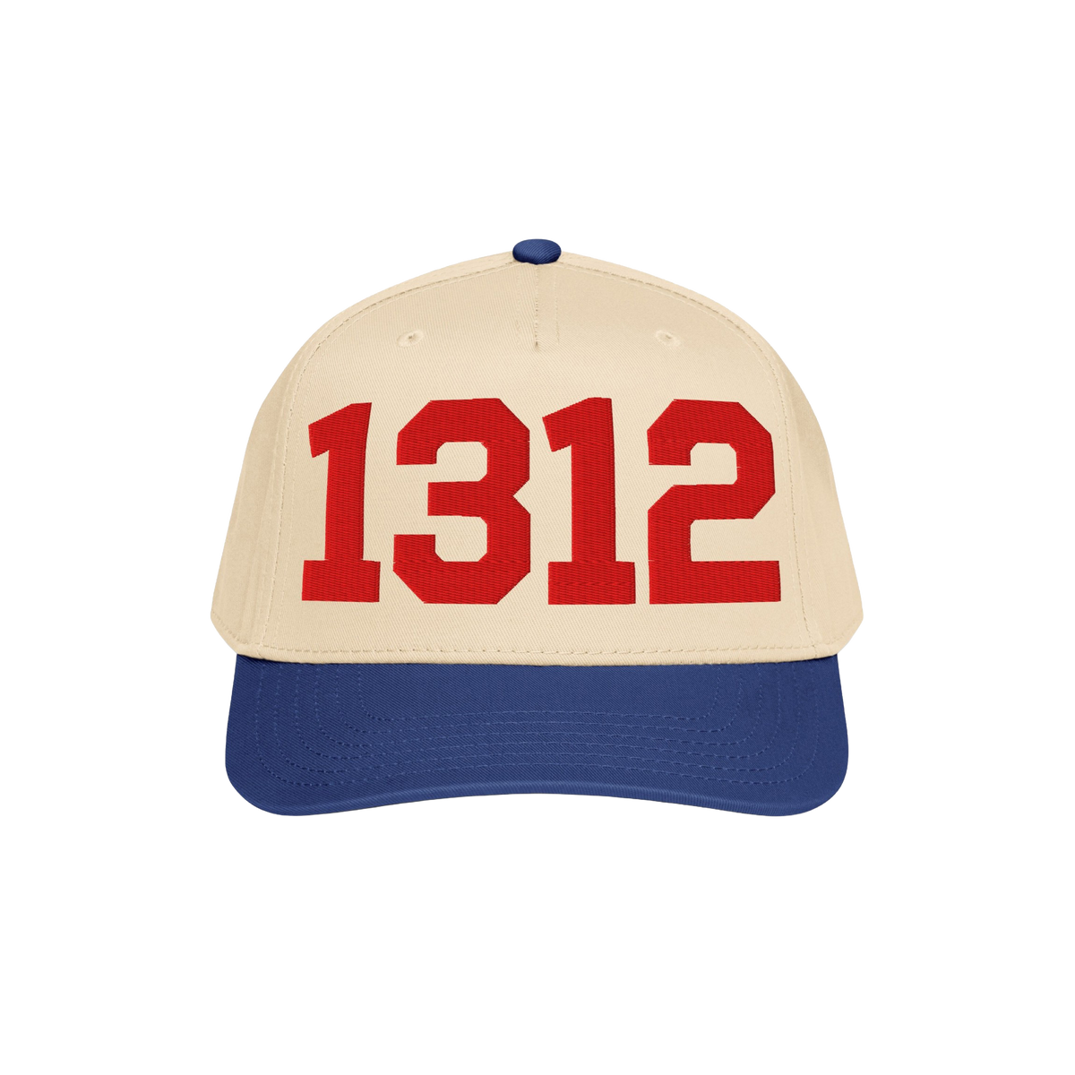 Two-tone 1312 ACAB Hat with a light beige crown and royal blue brim, featuring bold red 1312 numerals on the front panel, sym
