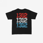 Back of the 1312 ACAB Women's Baby Tee displaying 1312 in distressed red, white, and blue block text, symbolizing resistance and protest themes. Ideal for expressing anti-authoritarian beliefs.