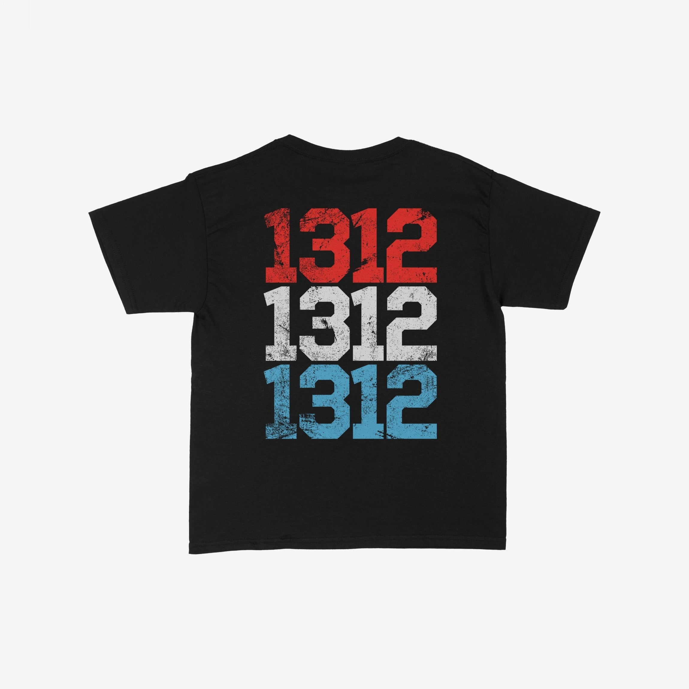 Back of the 1312 ACAB Women's Baby Tee displaying 1312 in distressed red, white, and blue block text, symbolizing resistance and protest themes. Ideal for expressing anti-authoritarian beliefs.