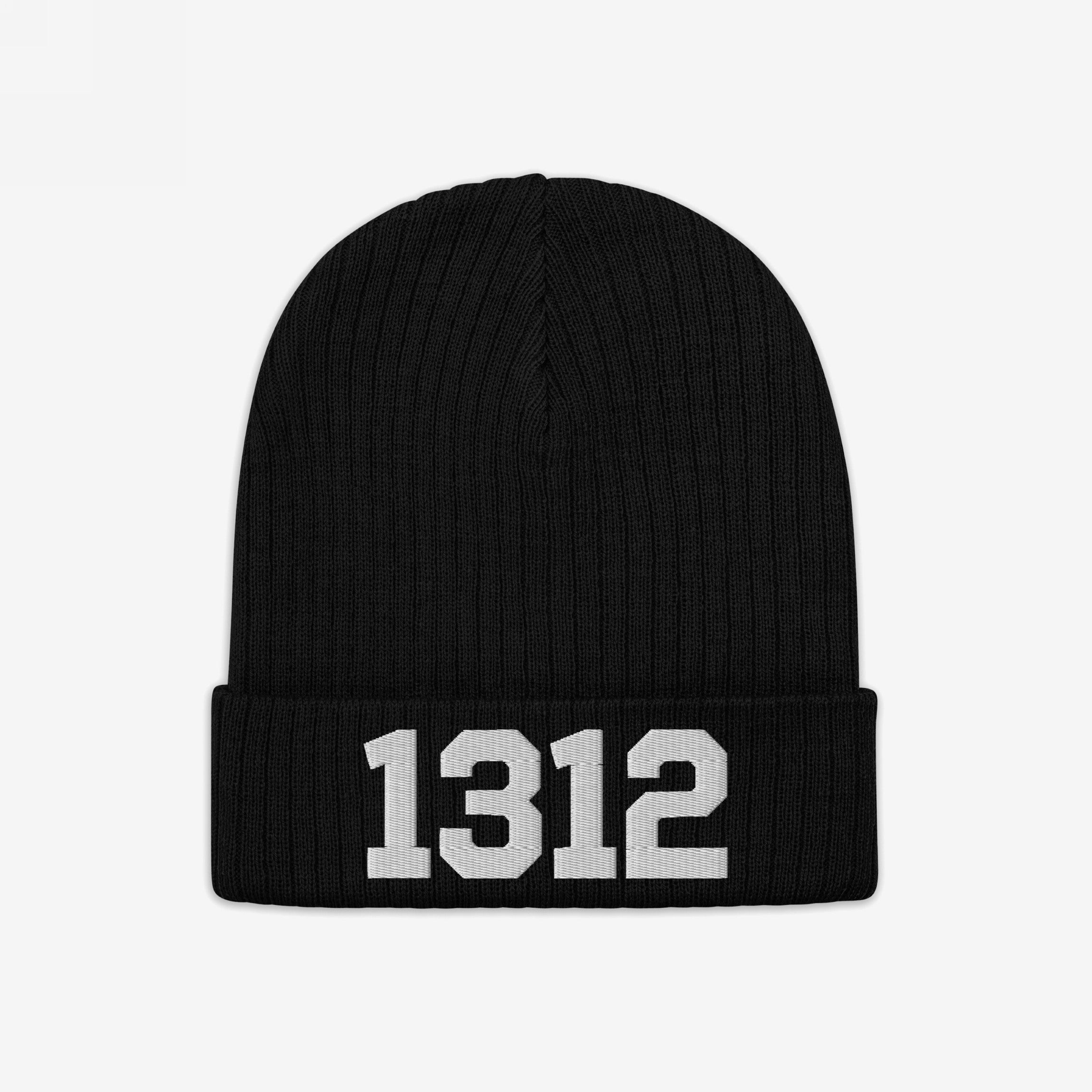Black ribbed knit beanie hat, labeled 1312 ACAB Hat, with white 1312 numerals on the cuff, symbolizing protest against police brutality and advocating for accountability.
