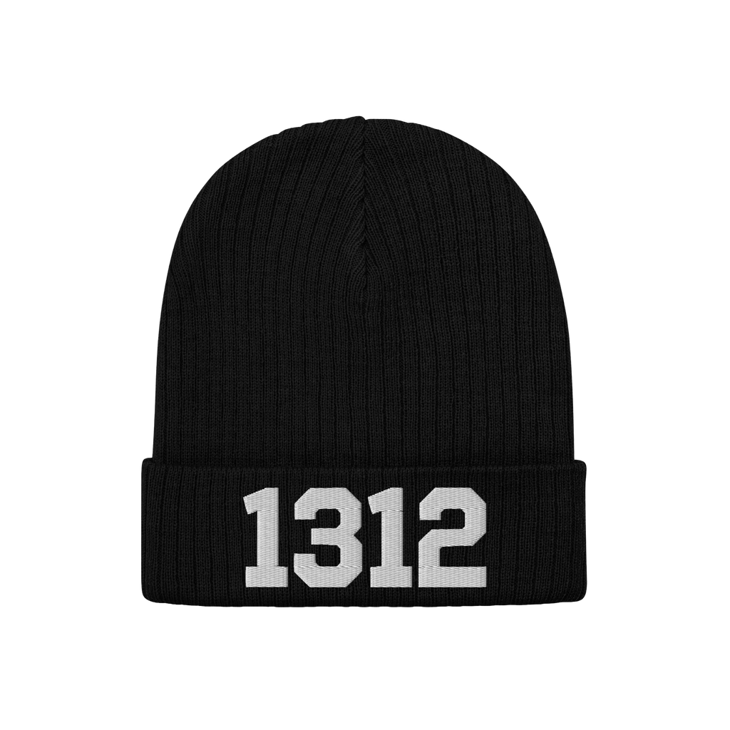 Black ribbed knit beanie hat, labeled 1312 ACAB Hat, with white 1312 numerals on the cuff, symbolizing protest against police