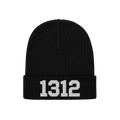 Black ribbed knit beanie hat, labeled 1312 ACAB Hat, with white 1312 numerals on the cuff, symbolizing protest against police