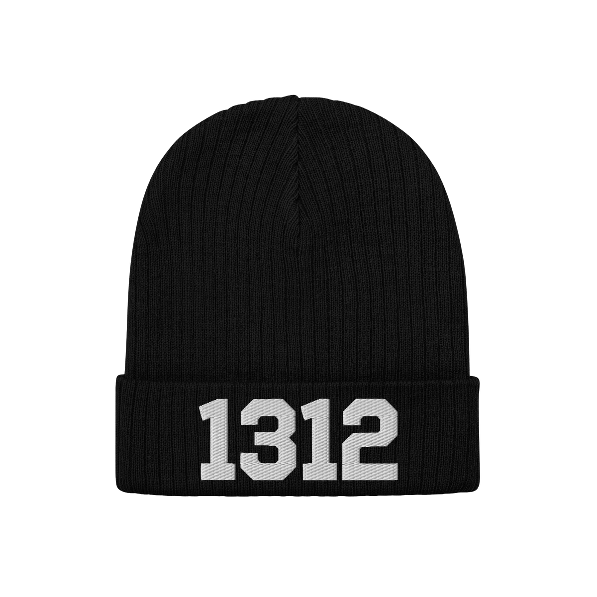 Black ribbed knit beanie hat, labeled 1312 ACAB Hat, with white 1312 numerals on the cuff, symbolizing protest against police