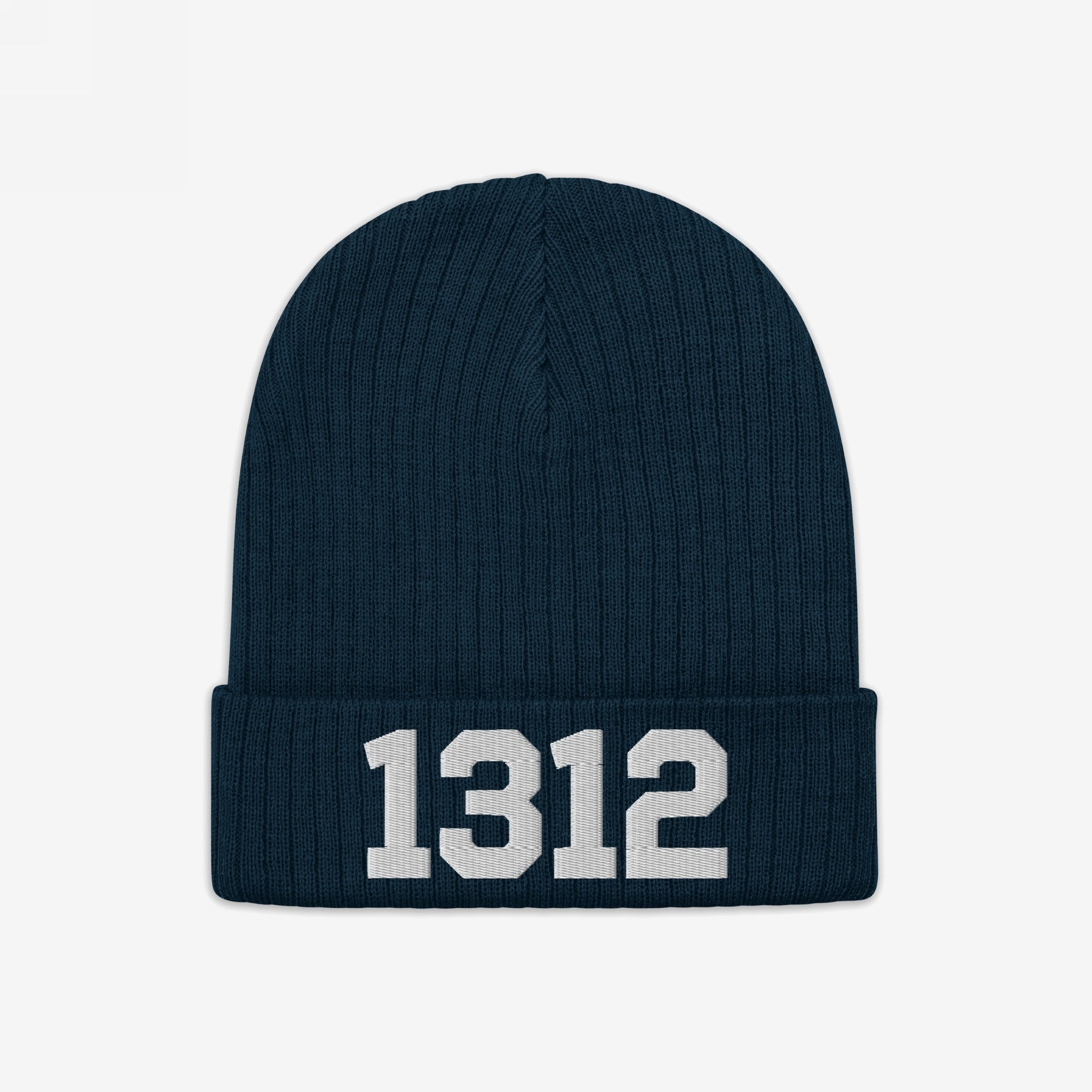 Dark-blue rib-knit beanie with 1312 in white block numerals on the cuff, symbolizing ACAB. This 1312 ACAB Hat is for those advocating police accountability and equality.