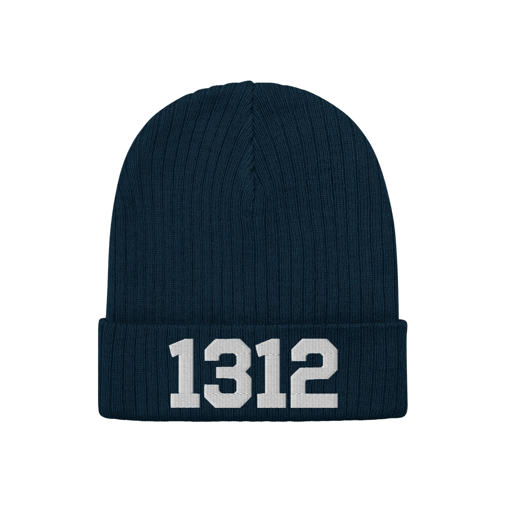 Dark-blue rib-knit beanie with 1312 in white block numerals on the cuff, symbolizing ACAB. This 1312 ACAB Hat is for those ad