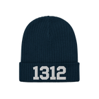 Dark-blue rib-knit beanie with 1312 in white block numerals on the cuff, symbolizing ACAB. This 1312 ACAB Hat is for those ad