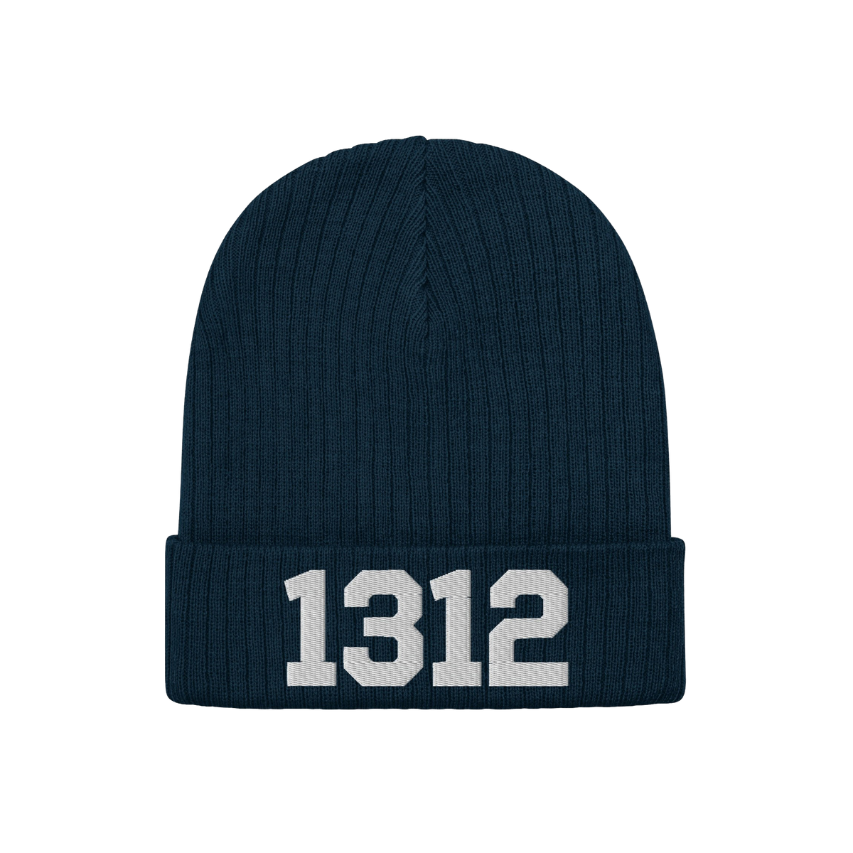 Dark-blue rib-knit beanie with 1312 in white block numerals on the cuff, symbolizing ACAB. This 1312 ACAB Hat is for those ad