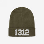 Olive-green 1312 ACAB Hat, rib-knit beanie with folded cuff, featuring bold white numerals 1312 embroidered on the front, symbolizing protest and advocacy for police accountability.