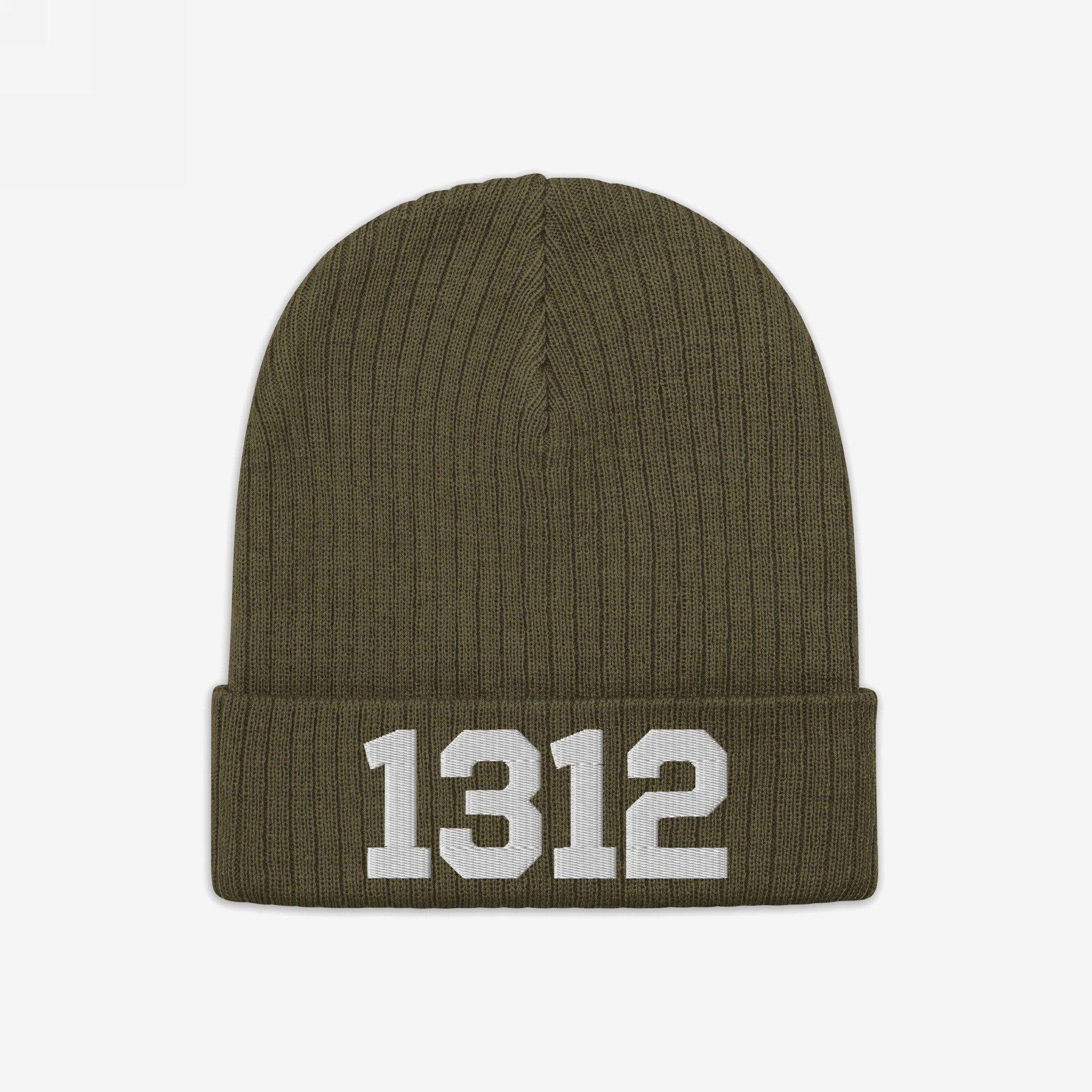 Olive-green 1312 ACAB Hat, rib-knit beanie with folded cuff, featuring bold white numerals 1312 embroidered on the front, symbolizing protest and advocacy for police accountability.