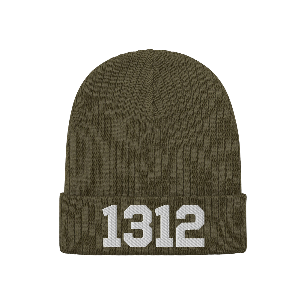 Olive-green 1312 ACAB Hat, rib-knit beanie with folded cuff, featuring bold white numerals 1312 embroidered on the front, sym