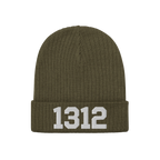 Olive-green 1312 ACAB Hat, rib-knit beanie with folded cuff, featuring bold white numerals 1312 embroidered on the front, sym