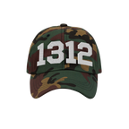 Camouflage-patterned baseball cap featuring 1312 in prominent white embroidery, symbolizing ACAB. The cap has a curved brim a