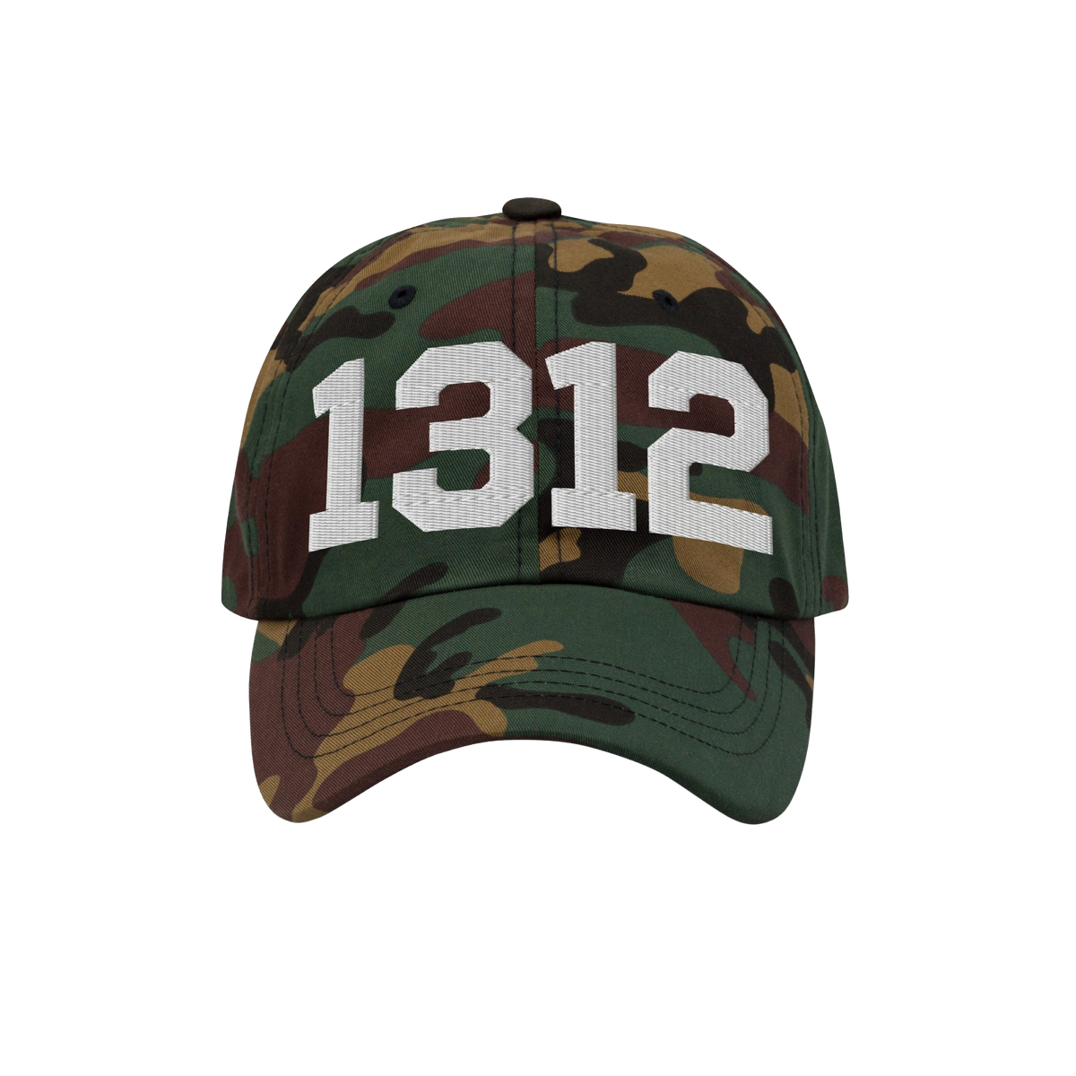 Camouflage-patterned baseball cap featuring 1312 in prominent white embroidery, symbolizing ACAB. The cap has a curved brim a