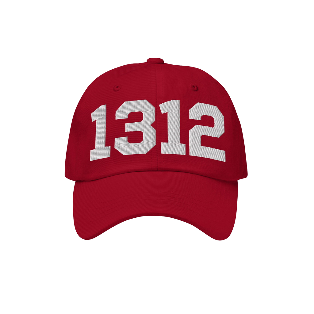 The 1312 ACAB Hat features red, unstructured design with white varsity-style 1312 embroidery, symbolizing protest and police 