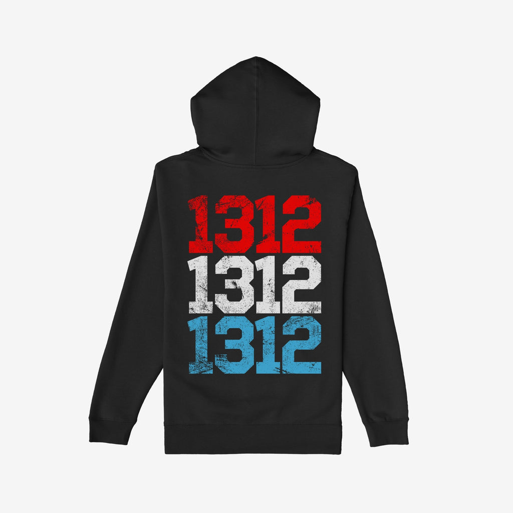 1312 ACAB Hoodie featuring a bold back design of stacked distressed numerals 1312 in red, white, and blue, symbolizing protest and resilience in a plain black sweatshirt.