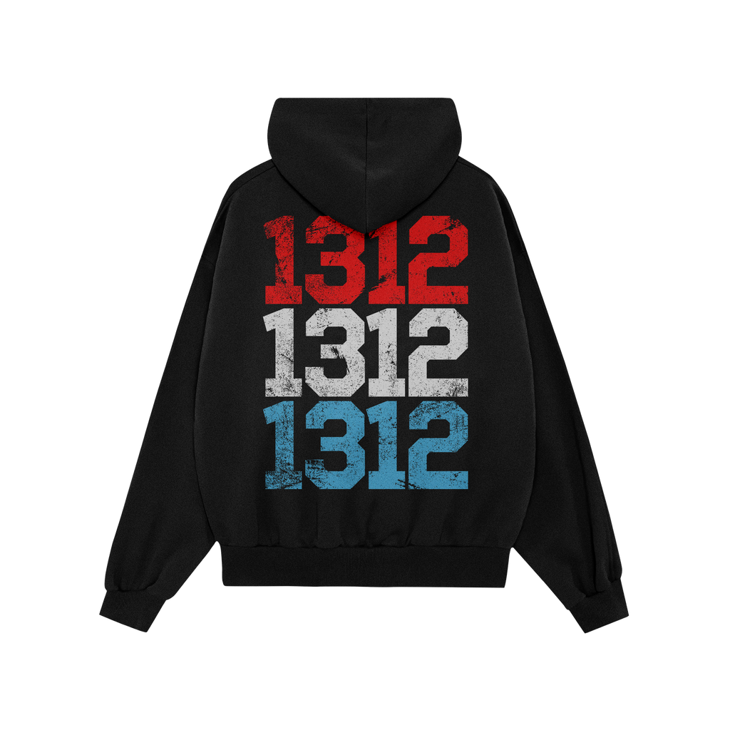 1312 ACAB Hoodie featuring a bold back design of stacked distressed numerals 1312 in red, white, and blue, symbolizing protes