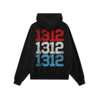 1312 ACAB Hoodie featuring a bold back design of stacked distressed numerals 1312 in red, white, and blue, symbolizing protes
