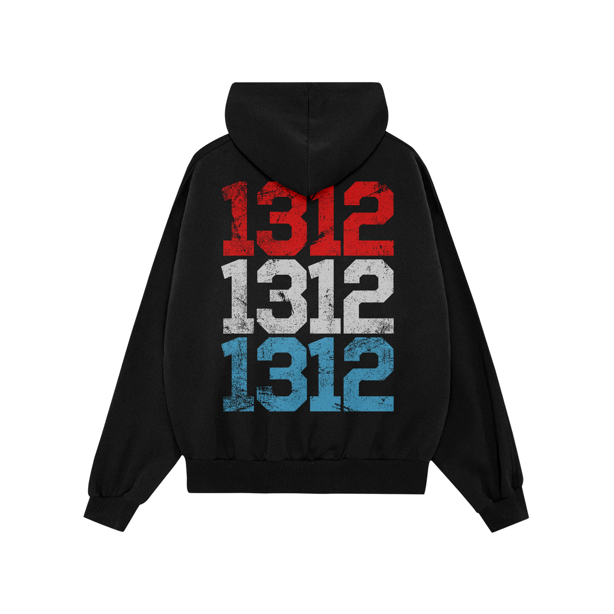 1312 ACAB Hoodie featuring a bold back design of stacked distressed numerals 1312 in red, white, and blue, symbolizing protes