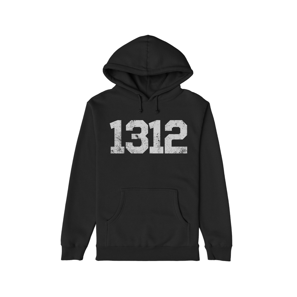 1312 ACAB Hoodie: Black pullover with kangaroo pocket, featuring a large distressed white 1312 print on the chest. Ideal for protests and activism, embodying a bold statement against oppression.