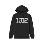 1312 ACAB Hoodie: Black pullover with kangaroo pocket, featuring a large distressed white 1312 print on the chest. Ideal for protests and activism, embodying a bold statement against oppression.