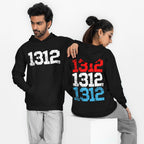Two models showcase the 1312 ACAB Hoodie: left model displays a single distressed white 1312 on the front; right model's back shows 1312 stacked in red, white, and blue.
