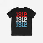 Black 1312 ACAB T-shirt featuring distressed varsity-style 1312 printed three times in red, white, and blue on the back, symbolizing protest and supporting equality.